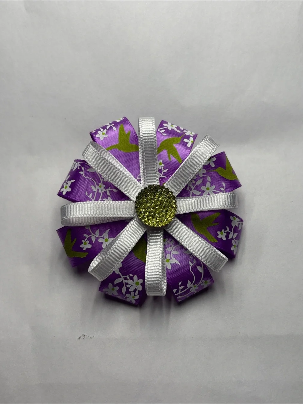 Purple Floral Ribbon Flower Hair Bow with White Accents